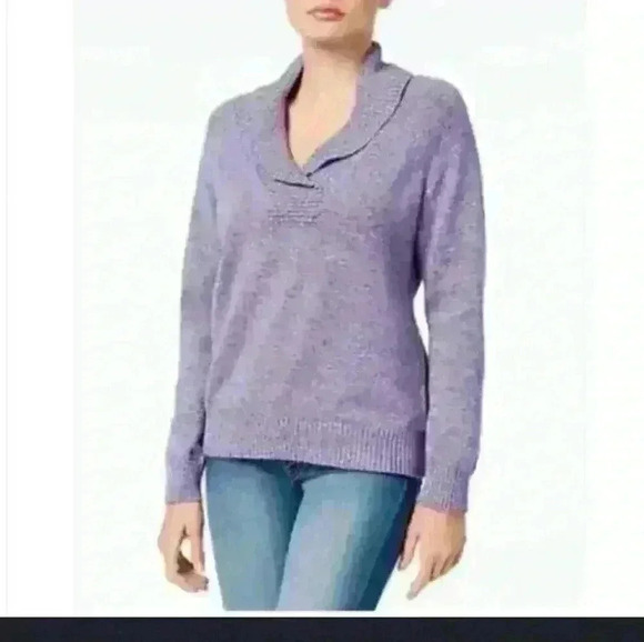 Karen Scott v neck purple rib collared casual trendy long sleeve knit sweater M - Picture 1 of 5